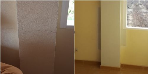 <p>Cosido metálico de pilar de hormigón armado con pilar de ladrillo panal, unidos de manera defectuosa en una obra anterior. Vivienda unifamiliar en el pol. alto 165 de la partida de Atzavares (Elche).</p>
